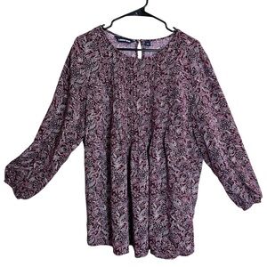 LANDS’ END Burgundy Floral Pleated Tunic Top Womens Boho Peasant Lagenlook Sz 1X